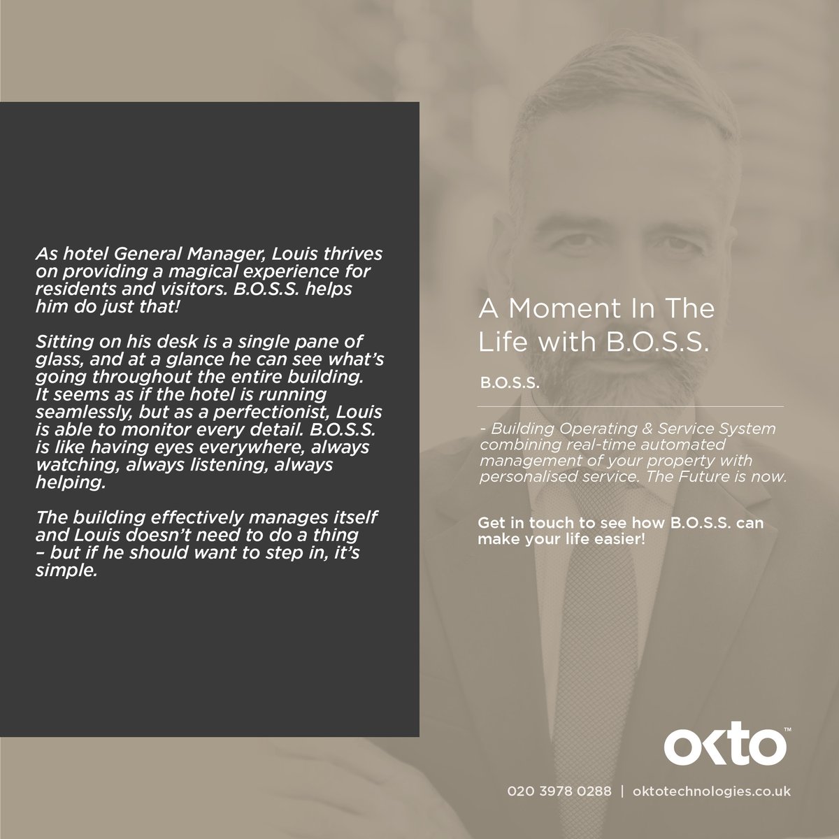 As GM of a top hotel, Louis strives to deliver a magical experience for all residents and visitors. With OKTO’s B.O.S.S system, Louis can sit back and manage all elements of the hotel from a single control panel providing round-the-clock perfection 365 days a year 🤝 #jobsearch