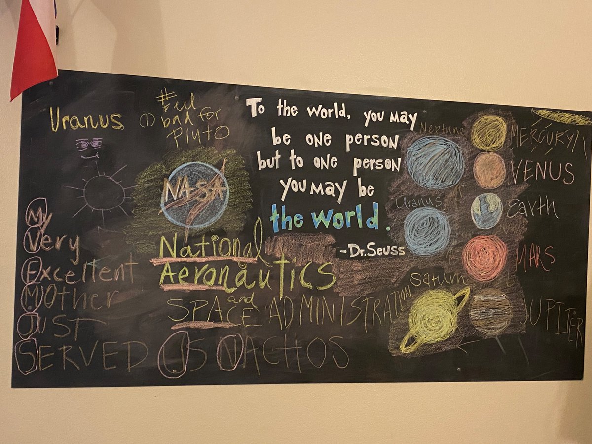 We researched the planets and put them up on our school’s chalkboard. We also explained what NASA stood for.

#FeelSorryForPluto #MyVeryExcellentMotherJustServedUsNachos #Planets #NASA #NationalAeronauticsandspaceadmisinstration