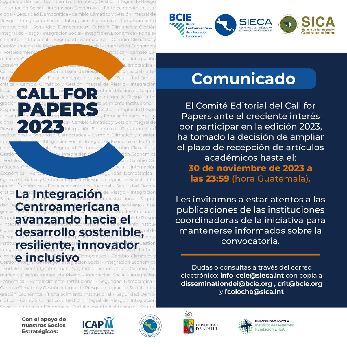 sg_sica's tweet photo. ¡Extendemos el periodo de recepción de artículos para el #CallForPapers2023!
Ante el creciente interés en la quinta edición del concurso, el Comité Editorial del #CallForPapers, comunica por este medio la decisión de ampliar el periodo habilitado para la postulación de artículos hasta el próximo 30 de noviembre.
Formulario de postulación ➡https://t.co/OCaCwDGIzp
¡No pierdas esta oportunidad!