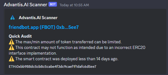 Yoitsz01's tweet photo. #Delayed #Honeypots are awful 🚫 

#AdvantisAI has you covered ✅

#FBOT created less than 1 hour ago 🍯💀
🚨 Avoid 🚨

CA: 0xbB988dc5cb8c5CaBe4F3dc9caEF1F1DaFC6d5Ee7

#AW3 #CryptoSecurity https://t.co/LjaIg1v0Xc