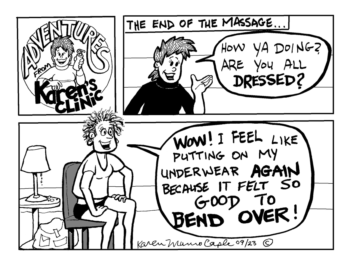 RMTAO's tweet photo. Great new cartoon from Karen Munro-Caple. #massagehumor #massagetherapy https://t.co/hIqtArcj68
