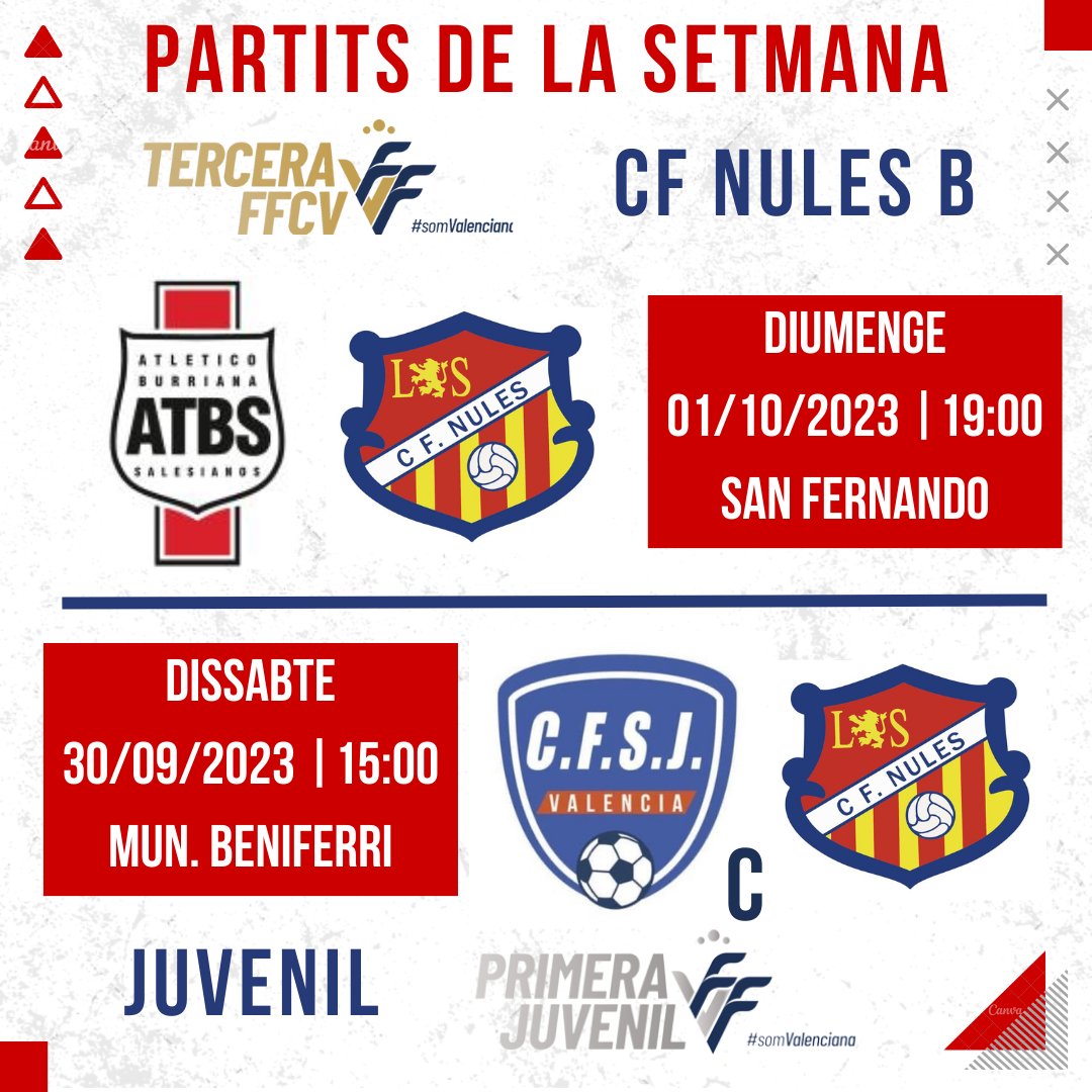CFNules's tweet photo. 🔴 PARTITS DE LA SETMANA 🔴

El CF Nules B visita a un dels colíders en el Llombai, el Atlético Salesianos. 

El Juvenil viatja fins a Beniferri per a jugar contra el San José. https://t.co/GPYqkkkuyV