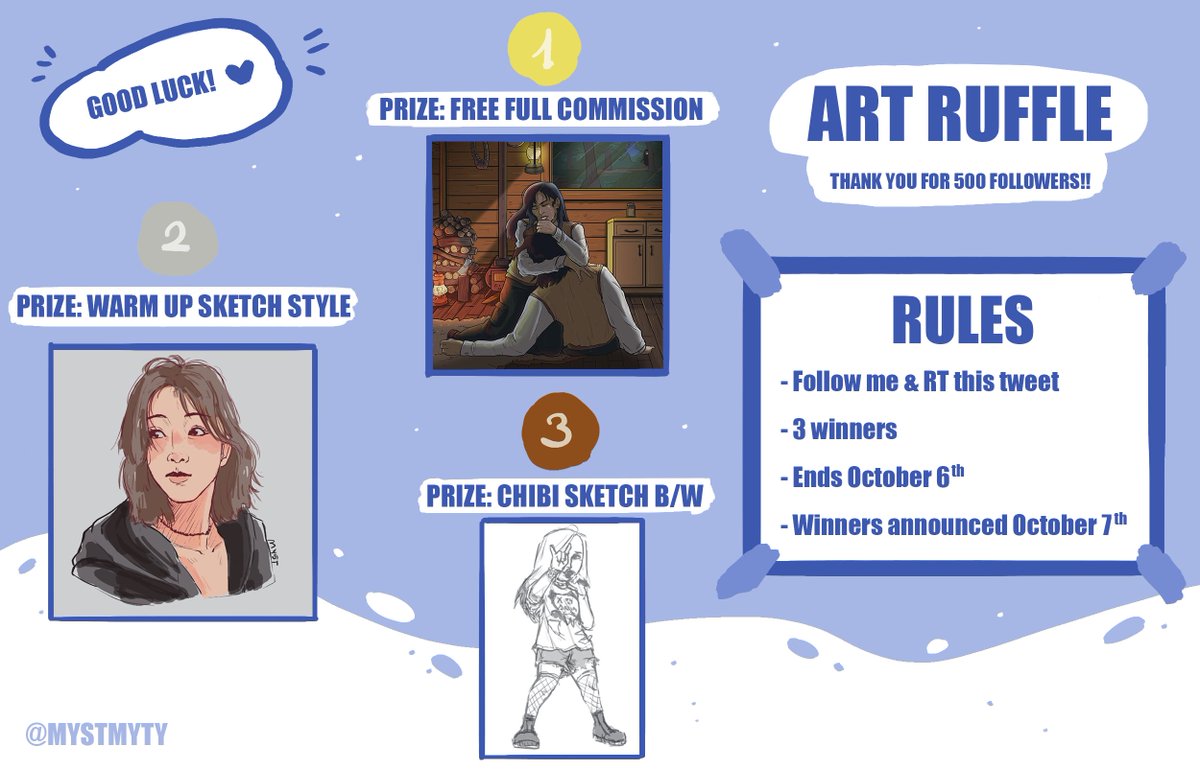 MystMyty's tweet photo. Hey! I decided to hold an ART RUFFLE to thank y'all for the support 🫂 

- PRIZES:
🥇 Free full commission
🥈 Warm up sketch style
🥉 Chibi sketch b/w

- RULES:
💙 Follow me and RT this tweet
💙 3 winners
💙 New followers welcome!

- ENDS:
🗓️ 06/10/2023

#artgiveaway #artraffle https://t.co/HtfGOKAC2q