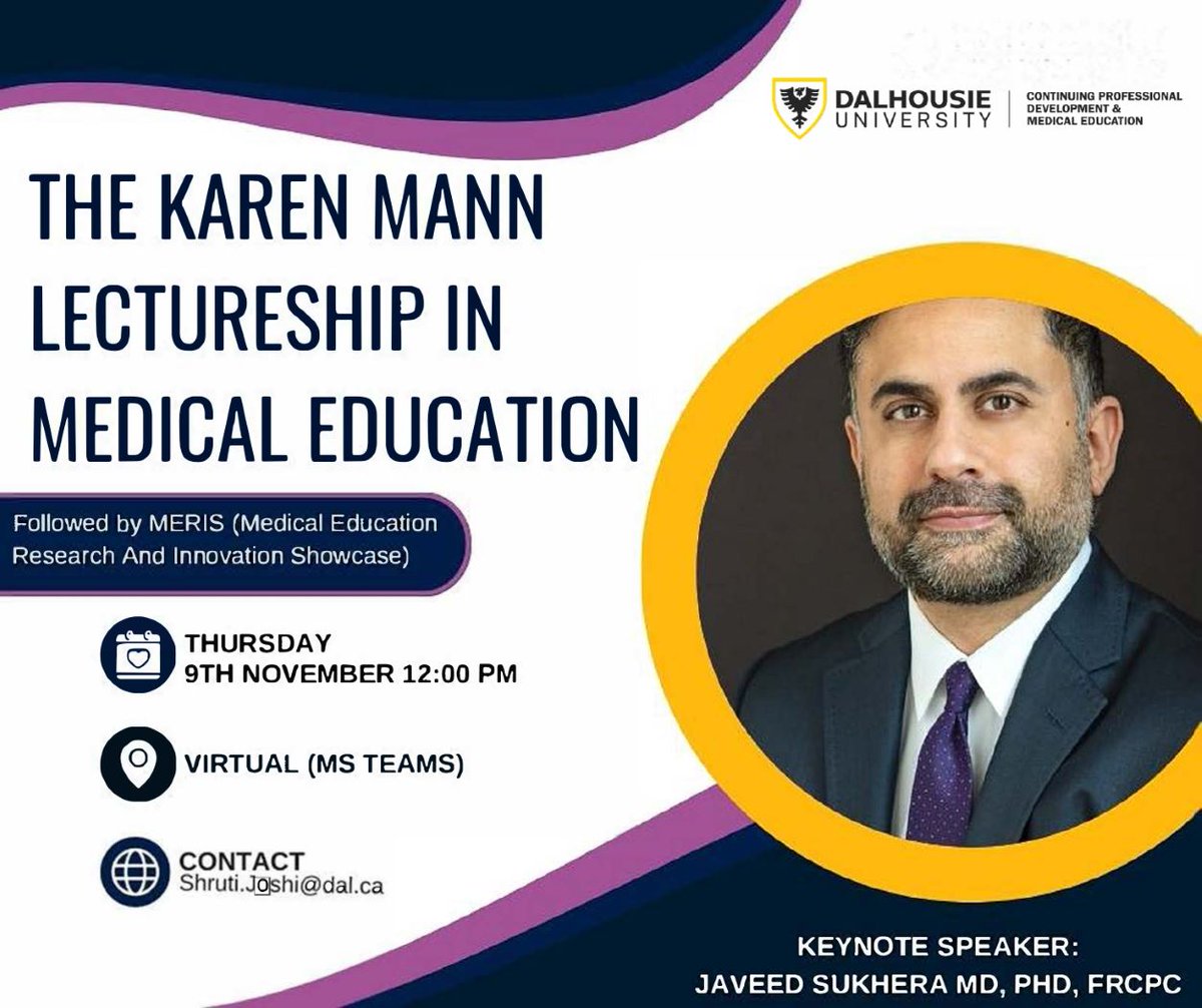 Karen Mann Lectureship in Medical Education
on November 9th, followed by the 4th Annual Medical Education Research and Innovation Showcase #MERIS23 #MedEdResearch

Registration now open: 
registration.cpd.dal.ca/MannMeris2023
@DalMedSchool @DalMedNB @DalResearch @DalGlobalHealth @DalHealth