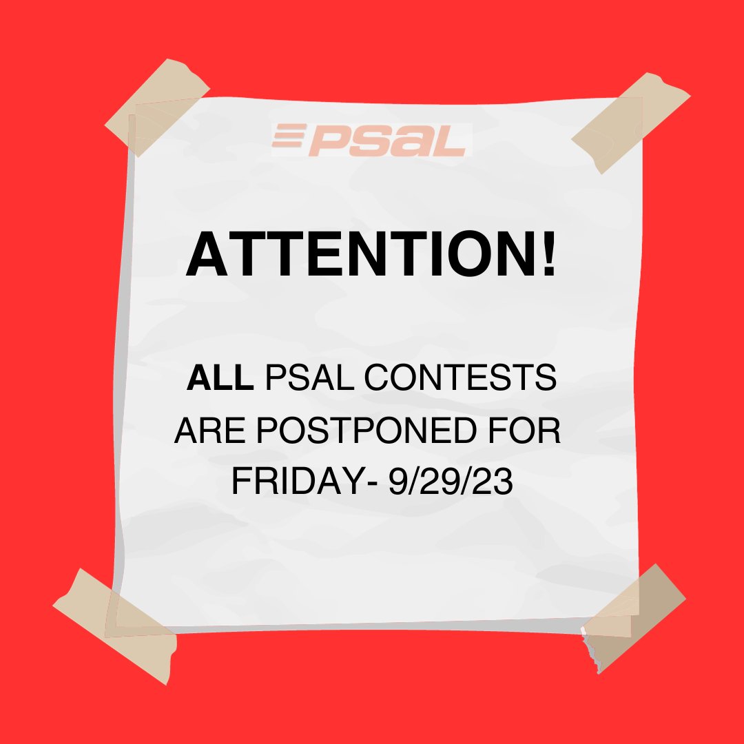 Due to severe flooding and disruptions in transportation across NYC, ALL @nycpsal contests are POSTPONED. Friday, September 29, 2023 #nyc #rain #postponed @NYCSchools