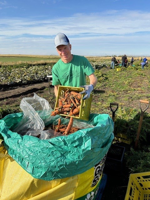FortisAlberta's tweet photo. What a great day to support a great cause! For the third year in a row, our engineering team rolled up their sleeves to help harvest tens of thousands of pounds of vegetables at Eagle Lake Turf Farms just east of Strathmore. All the squash, beets, potatoes, carrots, zucchini and onions go directly to the food bank to support those requiring a leg up as the cost of living continues to increase. #community 💛