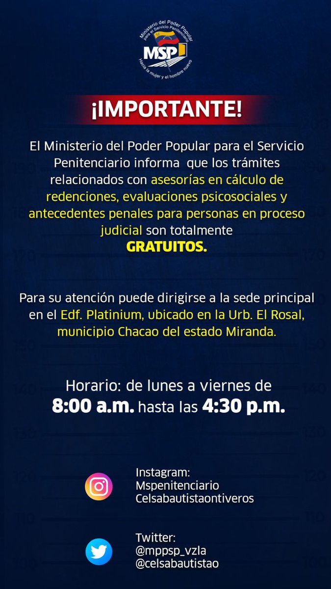 #29SEP 📢 ¡IMPORTANTE!

Desde el Mppsp se informa que todos los trámites y servicios que ofrece son TOTALMENTE GRATUITOS.

En caso de alguna eventualidad, denuncie de manera anónima a través de las redes sociales oficiales.

#VenezuelaDeValoresYCultura