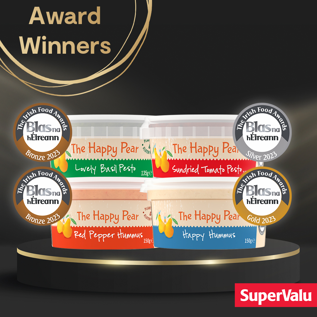 Well done to @thehappypear for winning GOLD, SILVER & BRONZE for their delicious Pesto & Hummus products. Enjoy the celebrations for these well deserved awards.👏🏆✨🙌🤩 #Blas2023 @BlasNahEireann #Irish #SuperValu