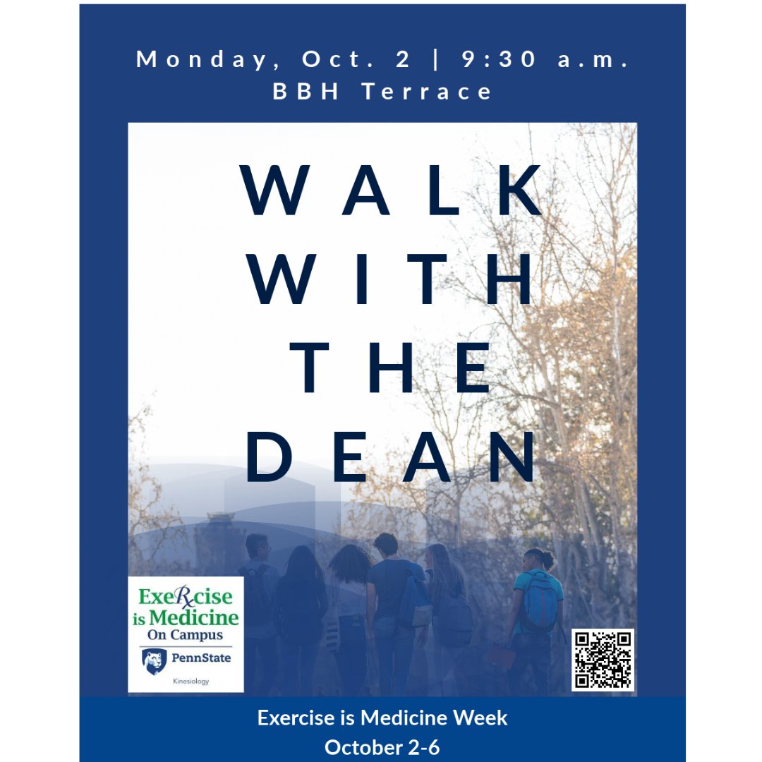 Join us for our Annual Dean's Walk to kick-off Exercise is Medicine Week. See you at the BBH Pavilion at 9:30 am. <a href="/psu_kinesclub/">PSU Kines Club</a> <a href="/PSUKINESDept/">PSU KINES Dept</a> <a href="/pennstatehhd/">Penn State HHD</a>