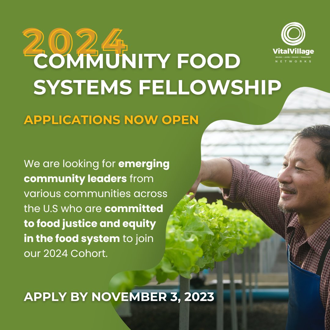 Vital Village (@vital_village) on Twitter photo Applications for <a href="/Vital_Village/">Vital Village</a>’s 2024 Community Food Systems Fellowship are now open through 🗓 November 3rd at 11:59 pm ET! Visit 🔗 bit.ly/46lJrEm to learn more about the fellowship.
#Fellowship #FoodSystems Applications for <a href="/Vital_Village/">Vital Village</a>’s 2024 Community Food Systems Fellowship are now open through 🗓 November 3rd at 11:59 pm ET! Visit 🔗 bit.ly/46lJrEm to learn more about the fellowship.
#Fellowship #FoodSystems