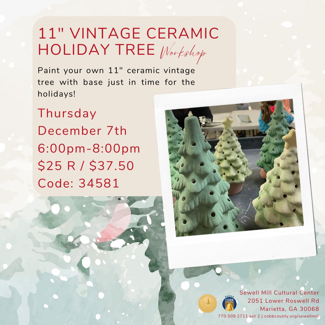 We're excited to have a second Vintage Tree Workshop! These 11' Trees include a light kit. Space is limited so register today!
Register here: ow.ly/eIQf50PRb1l
#cobbarts #cobbparks #cobbcountygovt #holidayworkshop #vintagechristmastree