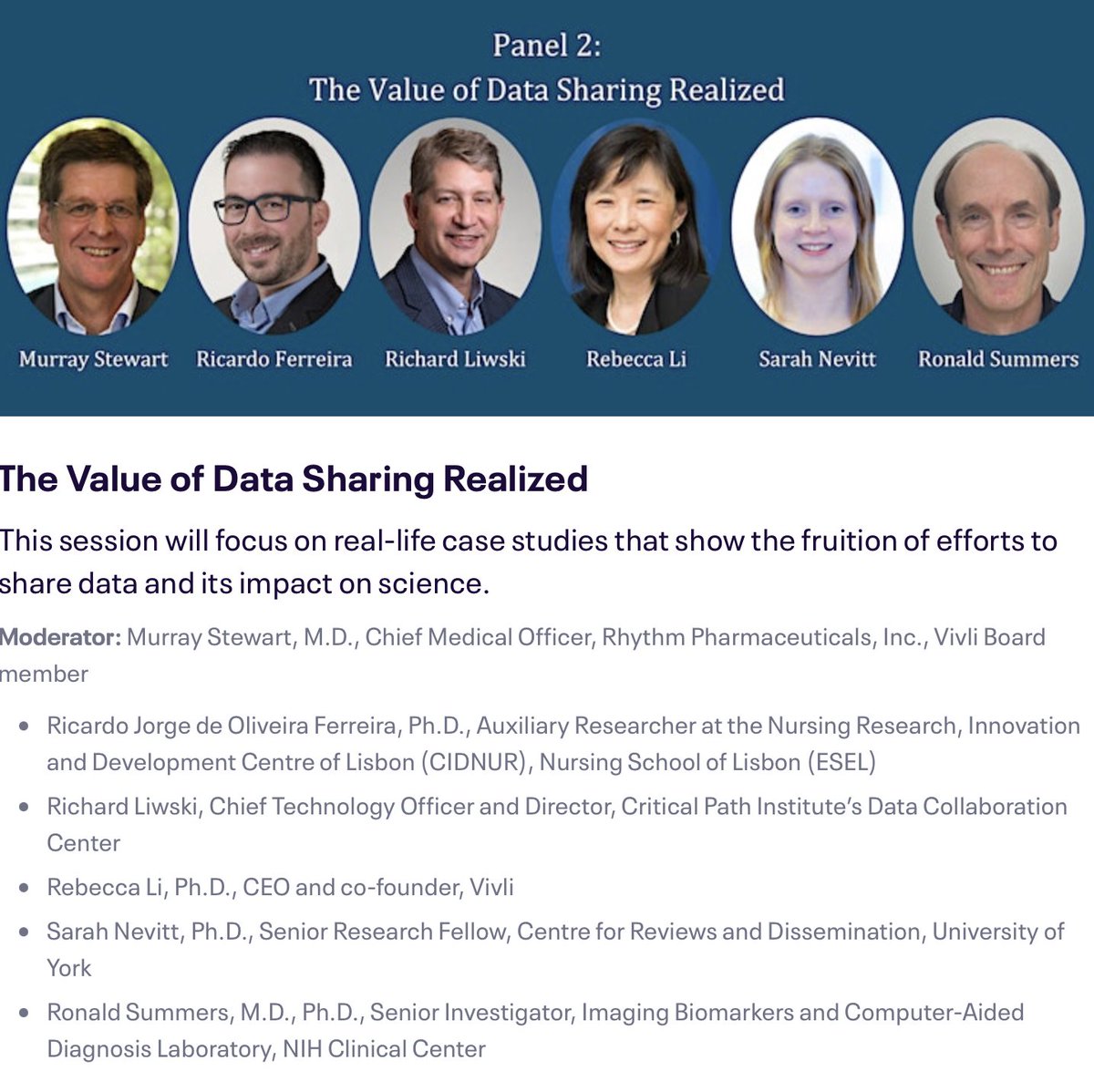 Vivli (@vivlicenter) on Twitter photo Ten years of #DataSharing provides a wealth of real-life case studies on experiences and impacts. Join the conversation with Murray Stewart, <a href="/FerreiraRJO/">Ricardo ferreira</a>, Richard Liwski, <a href="/rebeccali2006/">Rebecca Li</a>, <a href="/sjn_16/">Dr. Sarah Nevitt</a> and Ronald Summers in Washington, DC on November 16: eventbrite.com/e/shaping-the-… Ten years of #DataSharing provides a wealth of real-life case studies on experiences and impacts. Join the conversation with Murray Stewart, <a href="/FerreiraRJO/">Ricardo ferreira</a>, Richard Liwski, <a href="/rebeccali2006/">Rebecca Li</a>, <a href="/sjn_16/">Dr. Sarah Nevitt</a> and Ronald Summers in Washington, DC on November 16: eventbrite.com/e/shaping-the-…