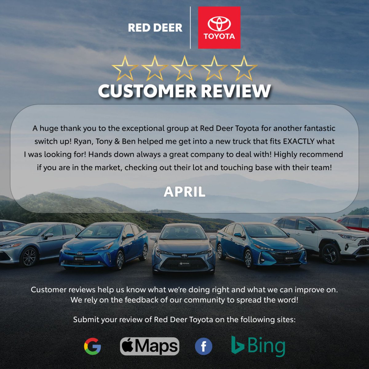 Thanks to April for this amazing review! We appreciate your business AND your feedback. 

Customers can post their reviews of Red Deer Toyota on Google, Apple Maps, Bing or Facebook!

#rdtoyota