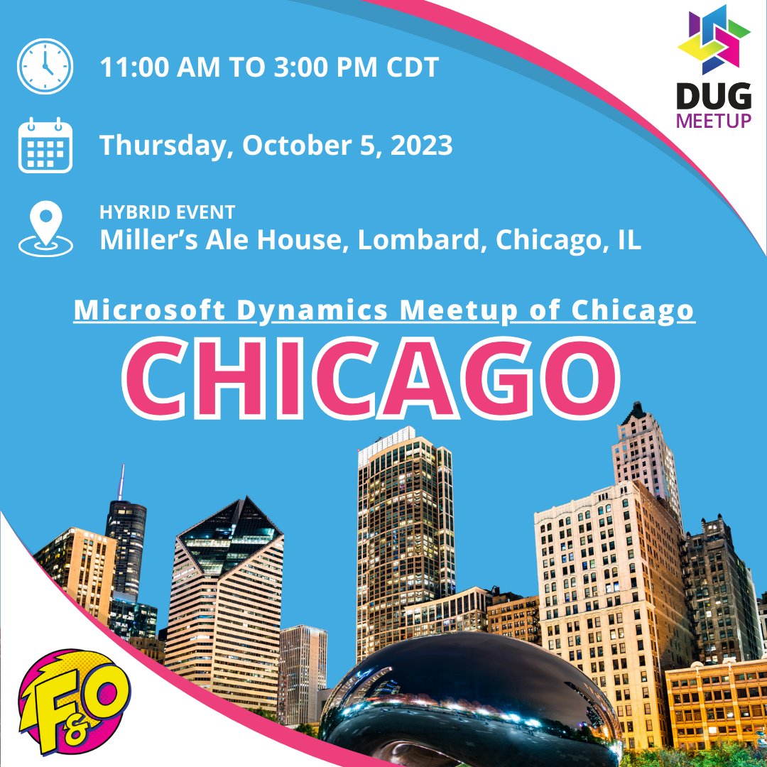 DynamicsUG's tweet image. Hello, Chicago! There is a #DUGMeetup happening next Thursday, October 5th in the Windy City!

📍 Millers Ale House in Lombard &amp;amp; virtual

🎤 Featured sessions from Murray Fife, Kelly Gustafson, &amp;amp; Purvesh Vaghasia

Register ➡️ bit.ly/3LGi6Vy

#MSDyn365FO | #MSDynAX
