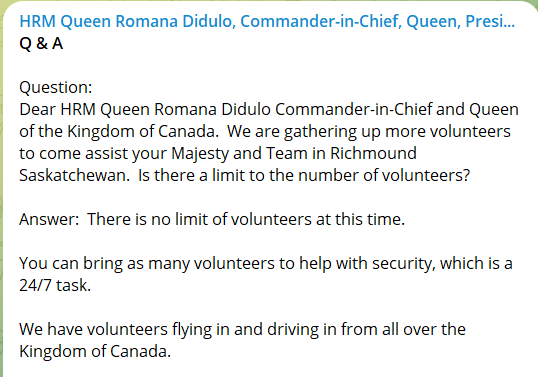 Queen Romana Didulo follower gathering up more volunteers for security at Richmound. Romana says no limits to volunteers.