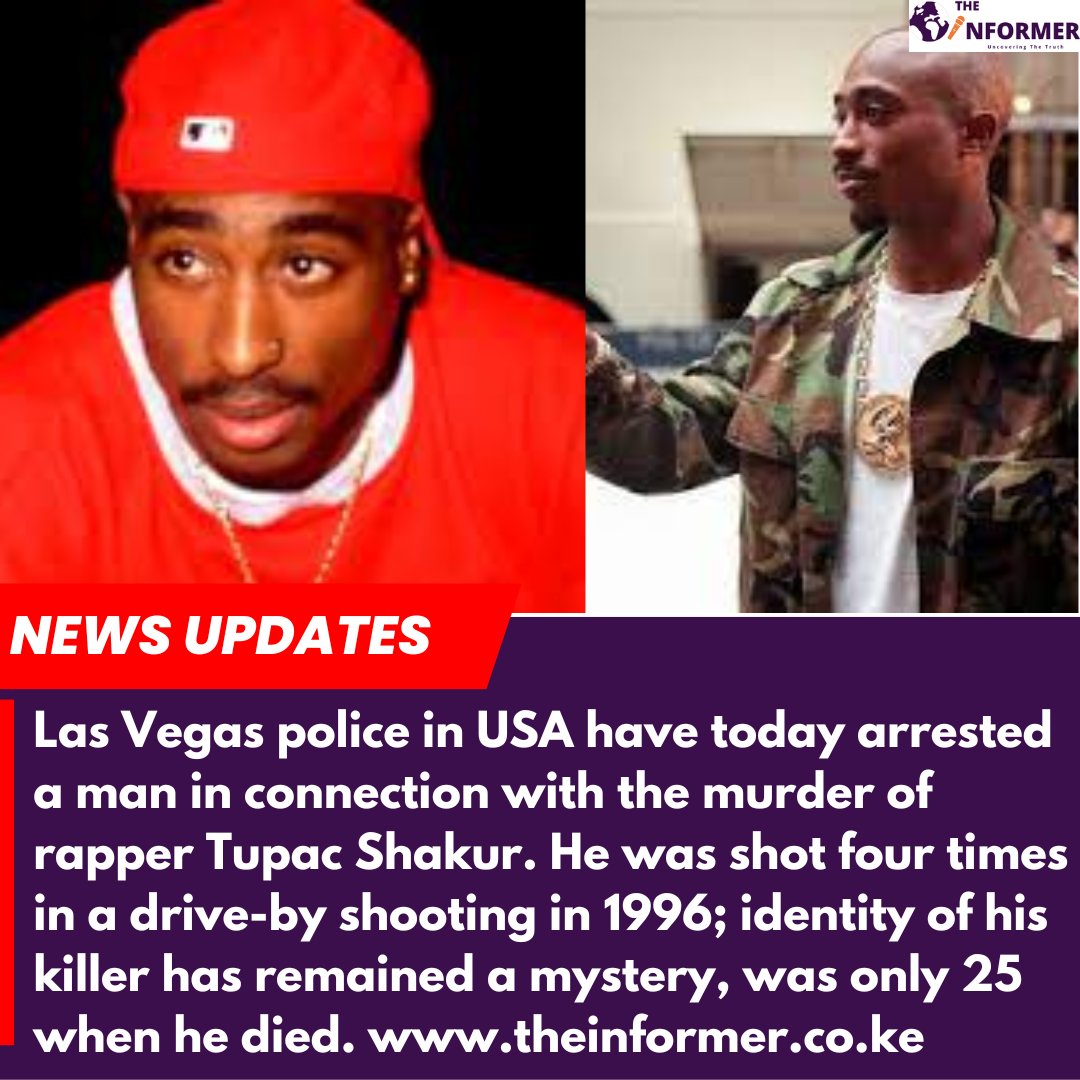 Informer_ke's tweet image. Las Vegas police in USA have today arrested a man in connection with the murder of rapper Tupac Shakur. He was shot four times in a drive-by shooting in 1996; identity of his killer has remained a mystery, was only 25 when he died. theinformer.co.ke
#masai,mzee,uhuru,zero