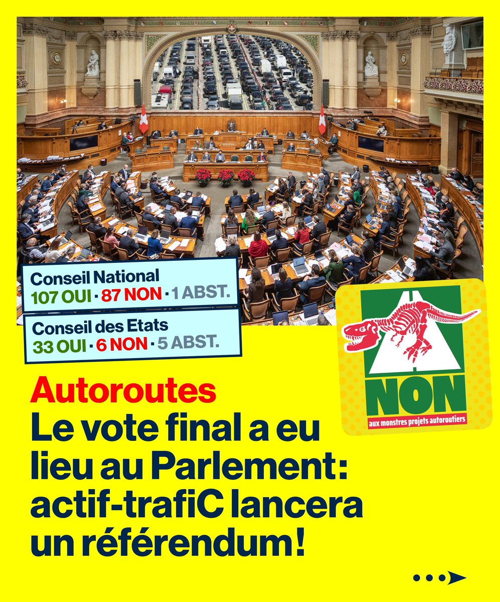ActifTrafic's tweet photo. Le Parlement a voté pour la fuite en avant autoroutière: nous lançons un référendum contre ces monstres projets fossiles nocifs, inutiles et coûteux!

Lire notre communiqué:
👉🏼 https://t.co/MI82yzK4B1

Commander une feuille de récolte:
👉🏼 https://t.co/duYPdr9P04 https://t.co/1SIQZCuAYY