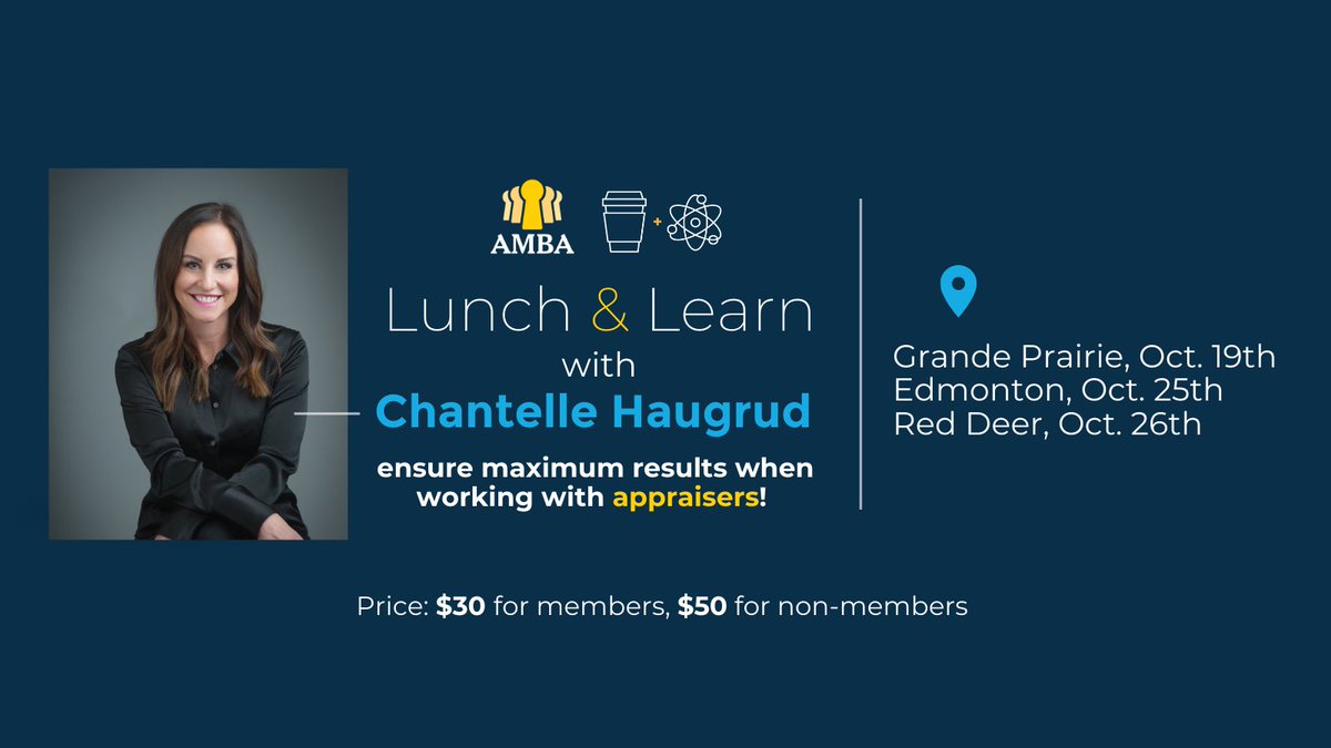 Ensure maximum results when working with appraisers! AMBA is pleased to present Lunch &amp; Learns in Grande Prairie, Edmonton and Red Deer.  
Register today!
🔗 loom.ly/kJ0DbKE   
#Albertamortgage #albertamortgagebroker #ABmortgagebrokers #Edmontonmortgagebrokers