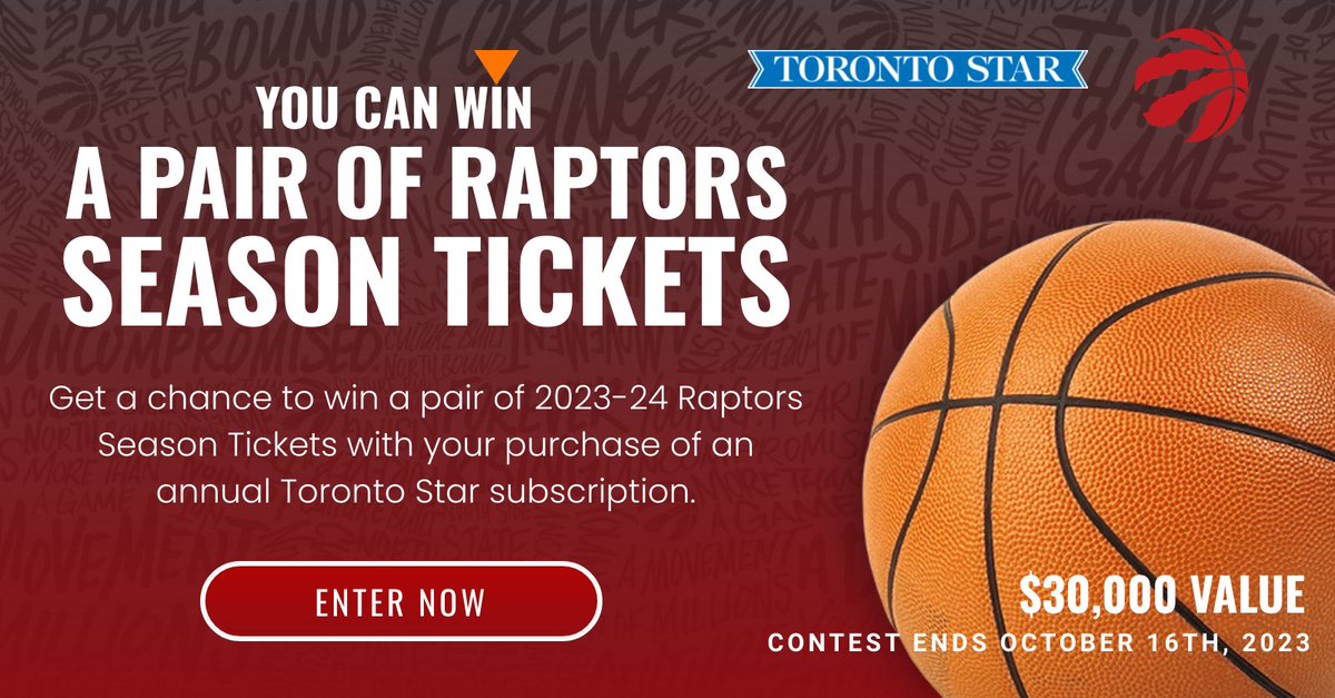 🚨 SPORTS FANS 🚨

Want a chance to win two Raptors season tickets?

Get an annual subscription to the Toronto Star to be entered for a chance to win.

Contest ends Oct. 16. Details here: thestar.com/subscribe/rapt…