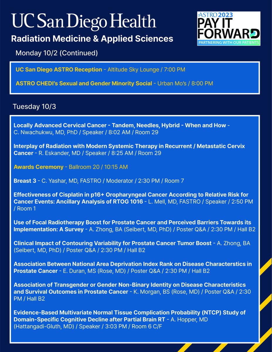UCSDRadMed's tweet photo. Only a few more days until #ASTRO2023! Check out the presentations from our department! #radonc #medphys @ASTRO_org https://t.co/j3NZrgXKDg