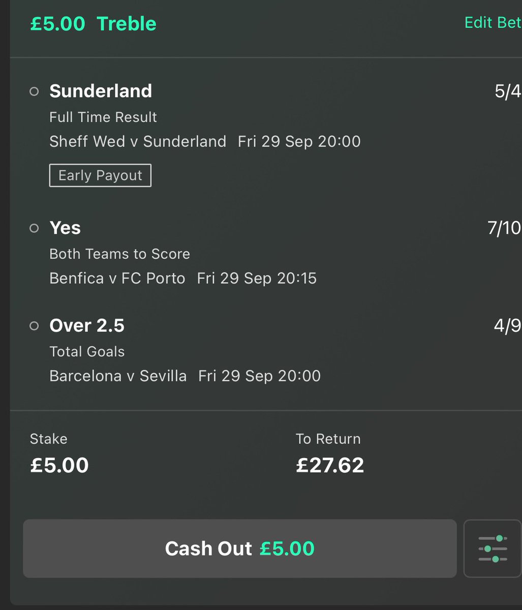 Tonight’s treble 👀 🏴󠁧󠁢󠁥󠁮󠁧󠁿 Sunderland to win 🇵🇹 Benfica V Porto - both teams to score 🇪🇸 Barcelona v Sevilla - over 2.5 Odds - 4.52/1 🤑🤞