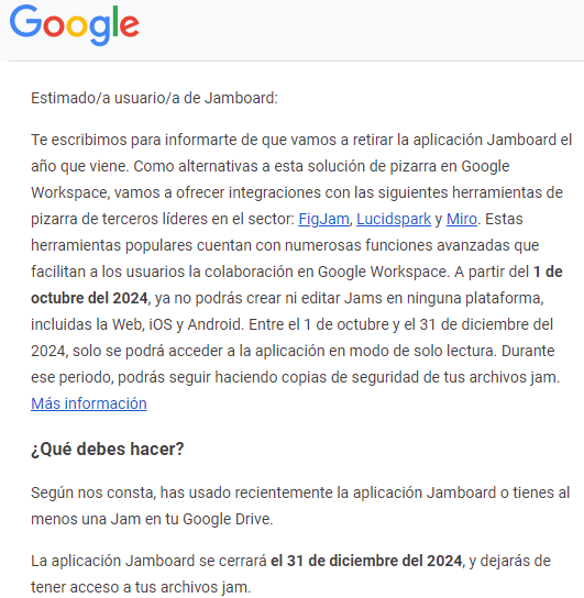 Y Google lo volvió a hacer☠️ #byebye #Jamboard 
He usadopoco <a href="/MiroHQ/">Miro</a> , pero tiene pinta de ser potentísima.
Aquí tenéis el enlace para pedir la versión Edu: help.miro.com/hc/es/articles…