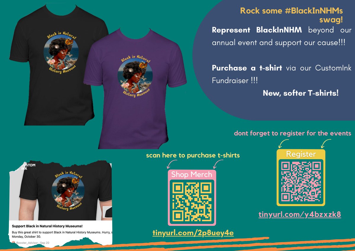 Rock some #BlackInNHMs swag! Represent #BlackInNHMs beyond our annual event and support our cause!!! Purchase a t-shirt via our CustomInk Fundraiser (tinyurl.com/2p8uey4e)!! New, softer T-shirts! And, don't forget to register for our events tinyurl.com/y4bzxzk8. RT