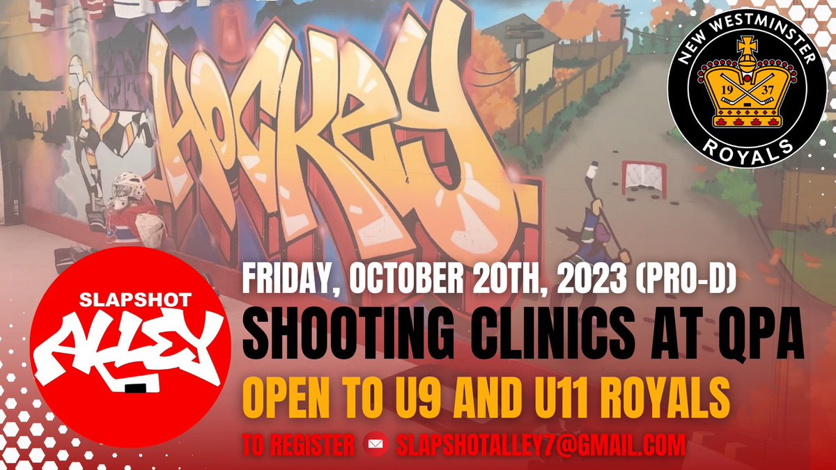 🌟 U9 &amp; U11 Royals! 🏒 Join Coach Andre at Slapshot Alley for shooting clinics on Oct 20th. Certified BASE Hockey Instructor mentored by Cliff Ronning. QPA Sessions: AM (8:15-9:15) &amp; PM (2-3). $20/participant, thanks to NWMHA subsidy. To register: 📧 slapshotalley7@gmail.com.
