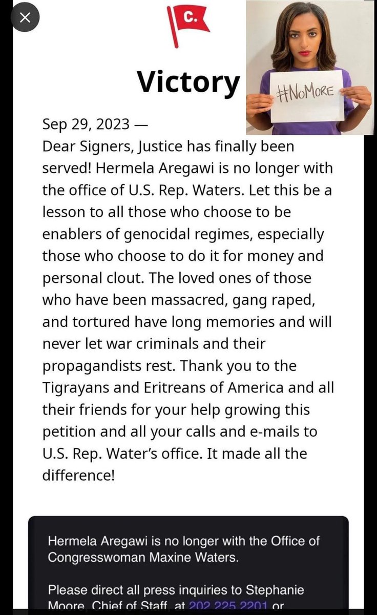 dawitawramba's tweet photo. Thumbs-up, Digital Tegaru!
@HermelaTV has now been officially suspended from Congresswoman Maxine Waters' office. This consequence is just the beginning of the more significant repercussions she may face for supporting genocide and weaponized rape during the #Tigray war. https://t.co/SOKV1ILxxf