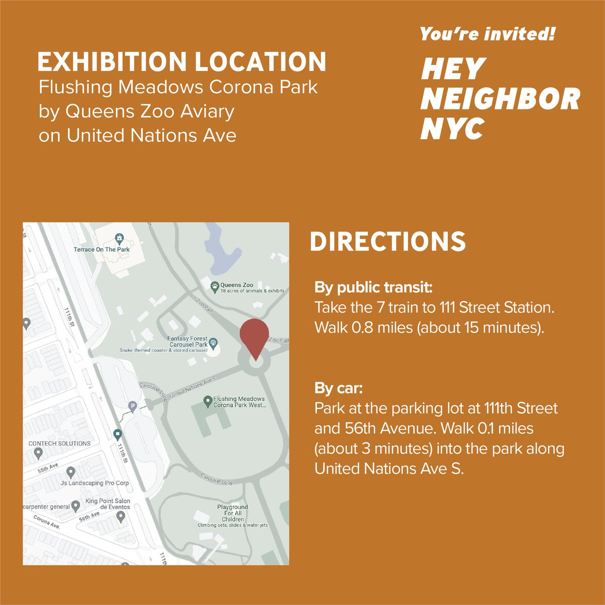 Join our friends for the Hey Neighbor NYC Public Art Unveiling tomorrow, Saturday Sept 30th, in Flushing Meadows Corona Park! 
Hey Neighbor connects New Yorkers using photography, storytelling &amp; public art. 
RSVP + more information here : heyneighbor.nyc