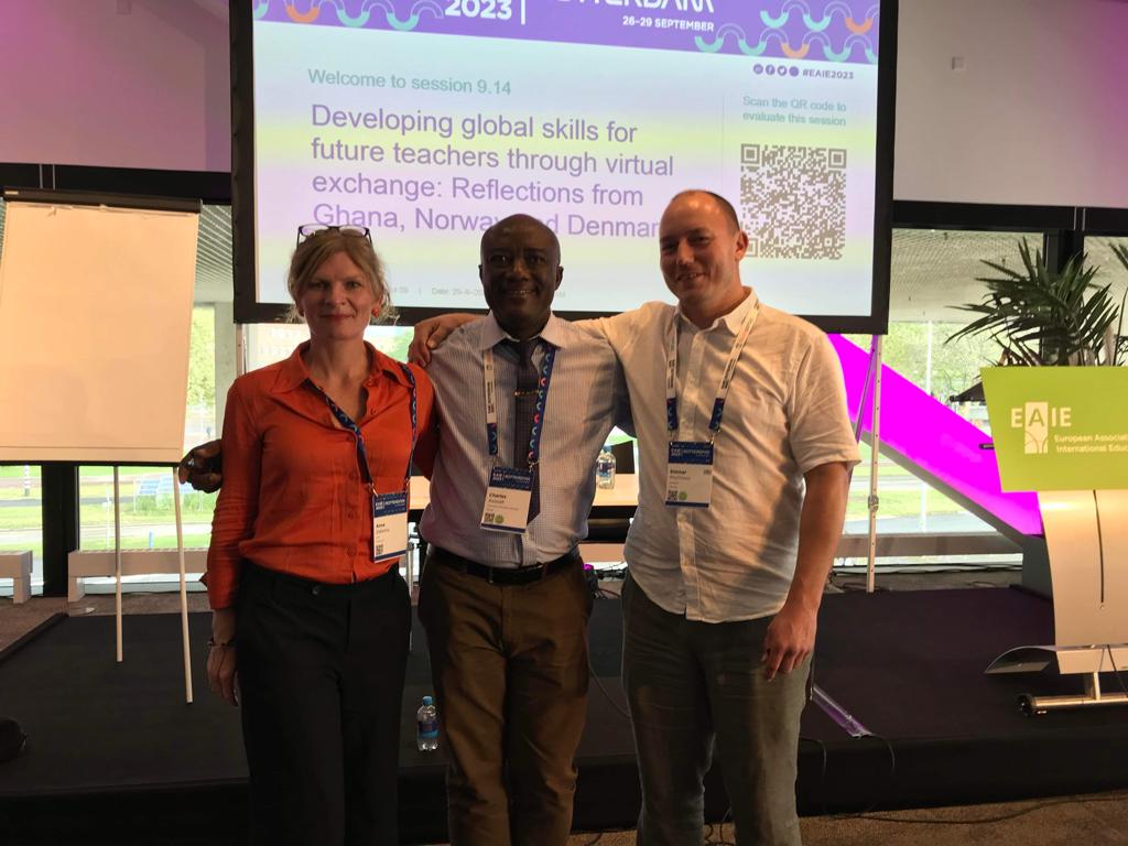 SteinarMathise4's tweet photo. Excited to have presented at the EAIE with Anne Lassen Zakaria and Charles K. Assuah.
In line with the focus of the #EAIE2023 conference - connecting currents - we have connected across continents. https://t.co/x61USIaqej