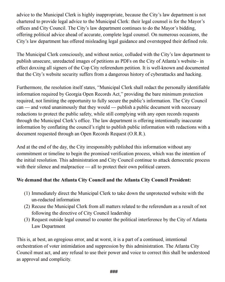 A screenshot of the press release sent by the Cop City Vote coalition. Full text: tinyurl.com/sccstatement