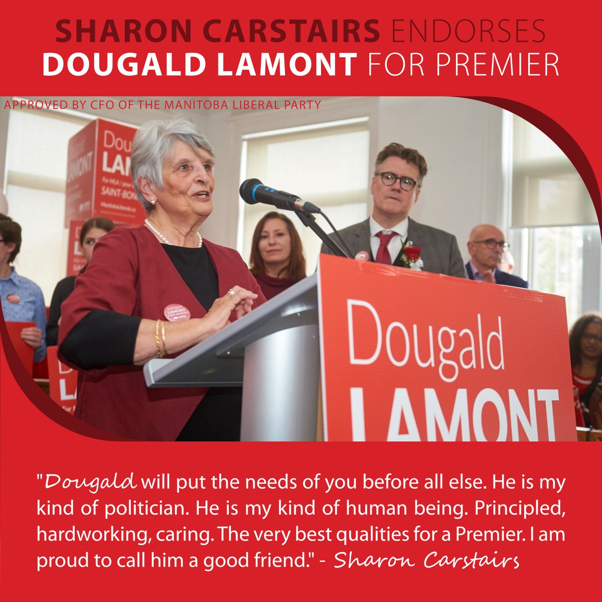 MBLiberalParty's tweet image. "Dougald will put the needs of you before all else. He is my kind of politician. He is my kind of human being. Principled, hardworking, caring. The very best qualities for a Premier. I am proud to call him a good friend." 

-Sharon Carstairs #mbpoli #RealChoice #RealChange
