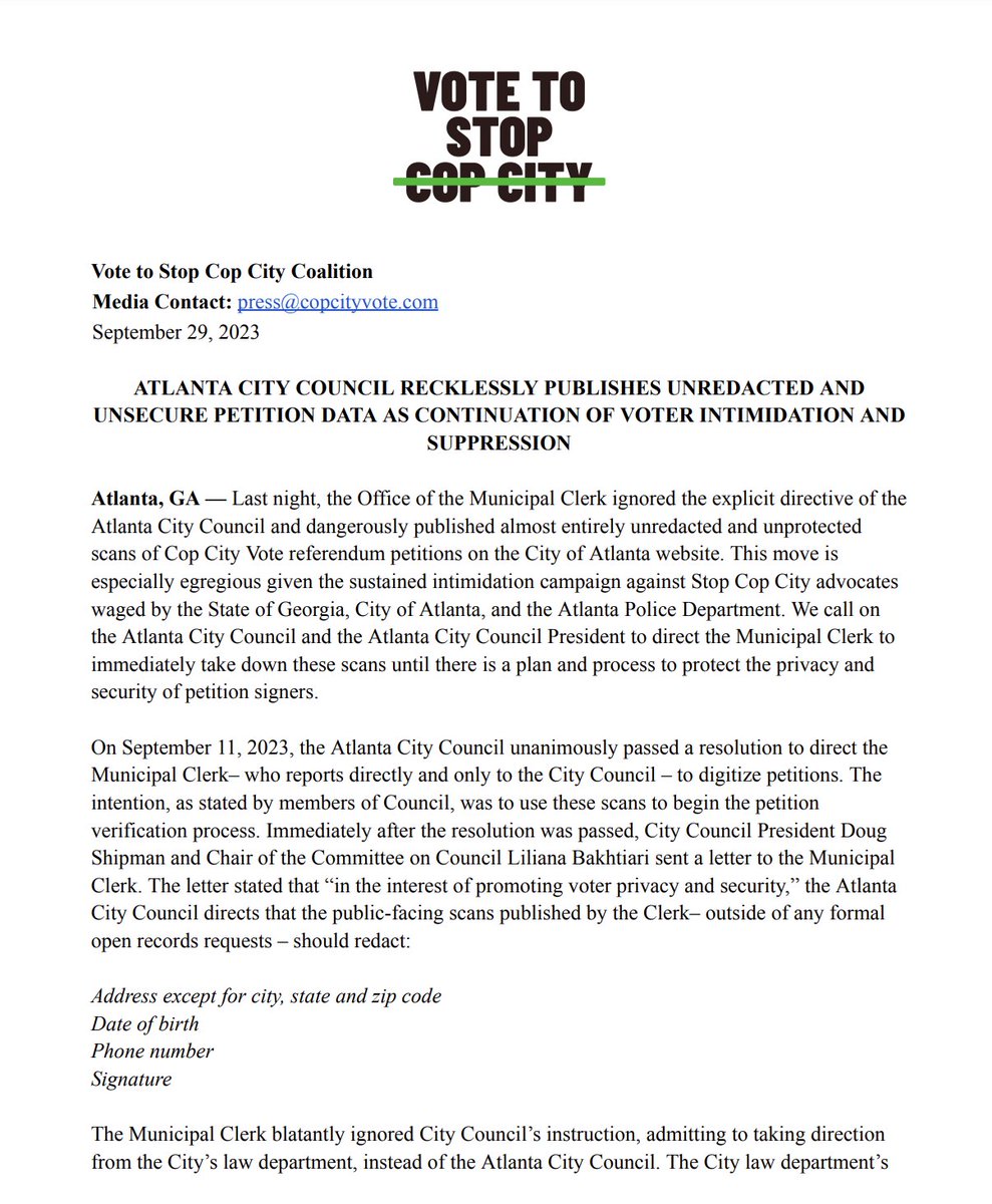 A screenshot of the press release sent by the Cop City Vote coalition. Full text: tinyurl.com/sccstatement