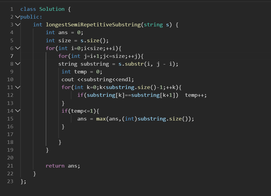 KhatikSwwapnil's tweet photo. Day 62 of #100DaysOfCode : Solved 'Find the Longest Semi-Repetitive Substring'  #Cplusplus. Implemented proper brute force for the challenge. #CodingChallenge #ProgrammingWin #LeetCode #code #programming #coding #codinglife  📷 https://t.co/Rou2fVd0Tf