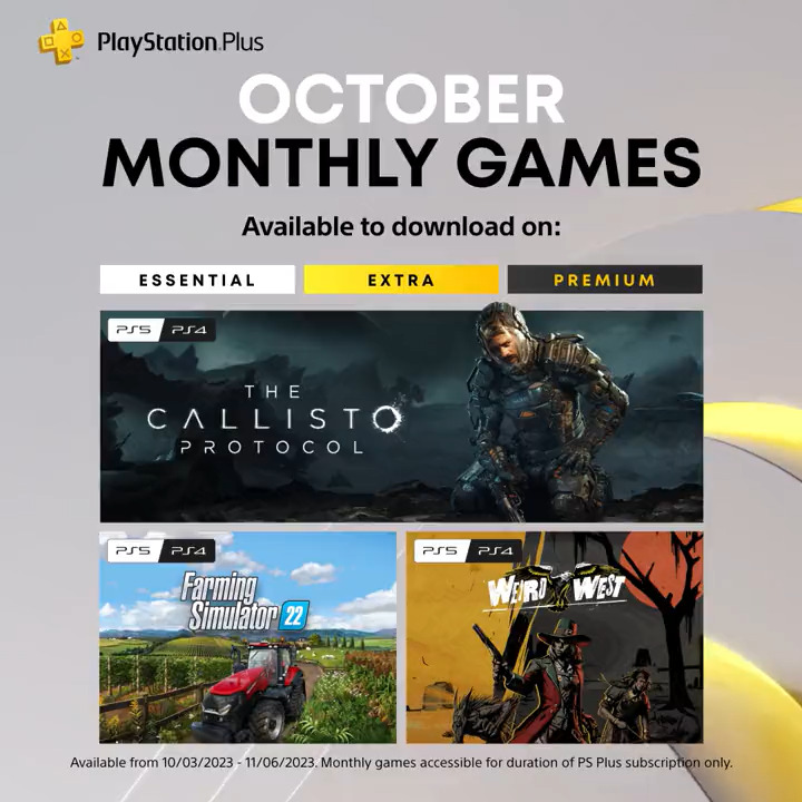 PlayStation - The PlayStation Plus Monthly Games for October are: 🚀 The  Callisto Protocol 🚜 Farming Simulator 22 🤠 Weird West Full details: play.st/3tfUn84