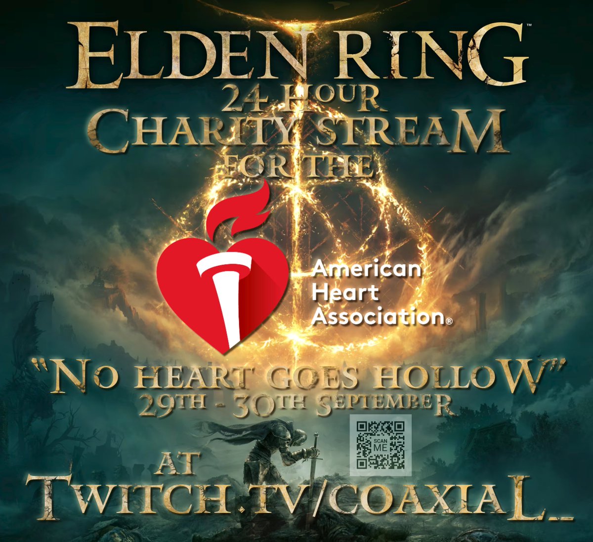 I'll be canceling stream today.
Instead, please check out twitch.tv/coaxial_ at 4pm ET.

Coax and Momo will be doing a 24 hour Charity Stream in support of <a href="/American_Heart/">American Heart Association</a> !!
Watch their 1st attempt at Elden Ring with challenges through donation milestones!

#ELDENRING