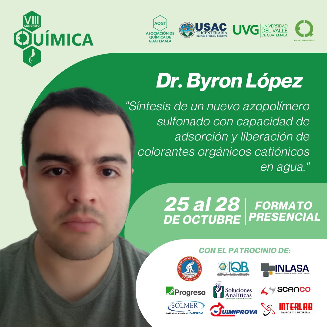 QuimicaGT's tweet photo. La problemática de la contaminación del agua por colorantes orgánicos cationicos es un tema muy relevante actualmente, ya que son tóxicos y difíciles de eliminar, un azopolímero sulfonado podría ser una solución prometedora. ¡Inscríbete al VIII Congreso de Química para saber más! https://t.co/qFnXXBE2fT