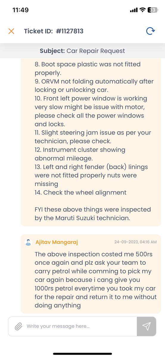 ajitavm86's tweet image. @cars24india #falseCommitment #FalseAdvertisement #worthlessCustomerService I have not received a clean and quality checked car for which I requested and paid here are the list which I got after checked my car on 20th Sept and the response I got is also attached