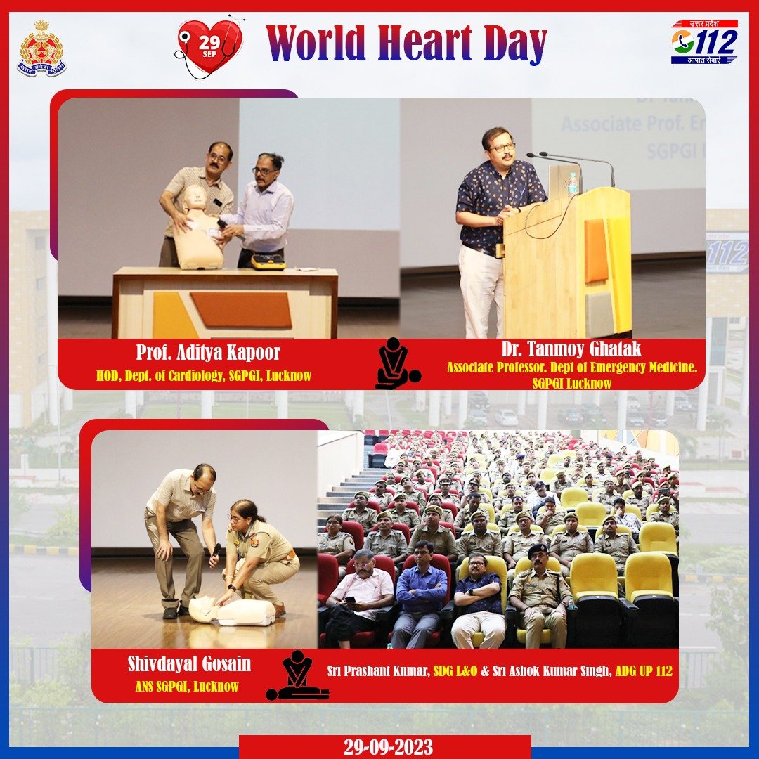 #WorldHeartDay के अवसर पर #UP112 मुख्यालय के सभागार मे SGPGI लखनऊ के प्रो0 डॉ0 आदित्य कपूर द्वारा CPR देने के सही तरीकों व CPR के सभी चरणों तथा डॉ0 तन्मय घटक द्वारा प्राथमिक चिकित्सा कब और कैसे की जानी चाहिए के बारे में #UPPolice के फर्स्ट रिस्पांडर को विस्तृत जानकारी दी गयी।