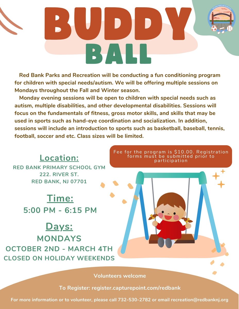 RBParksandRec's tweet photo. Buddy Ball starts this Monday!!!
Program designed for kids with special needs and autism.
Open to kids of all ages!!!
Location: Red Bank Primary School Gym
Times: 5:00pm to 6:15pm
Sessions will take place on Mondays
To register: https://t.co/U88U3vhphE https://t.co/BfWw9wGn4C