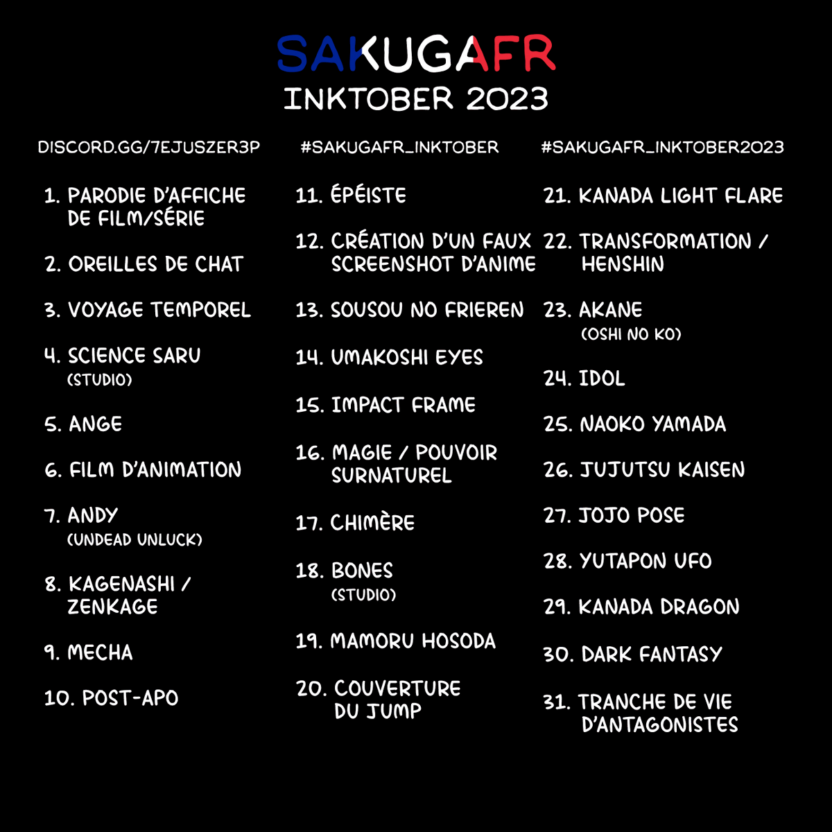 Vyh2VG's tweet photo. Le challenge #Inktober revient sur SakugaFR avec sa nouvelle liste personnalisée !

➡️ https://t.co/WdwM4gmOwt 
Le Discord réunit les fans francophones passionnés par l'animation, ouvert à tous peu importe votre niveau de connaissance !

#SakugaFR_Inktober #SakugaFR_Inktober2023 https://t.co/aXz18s0JdP