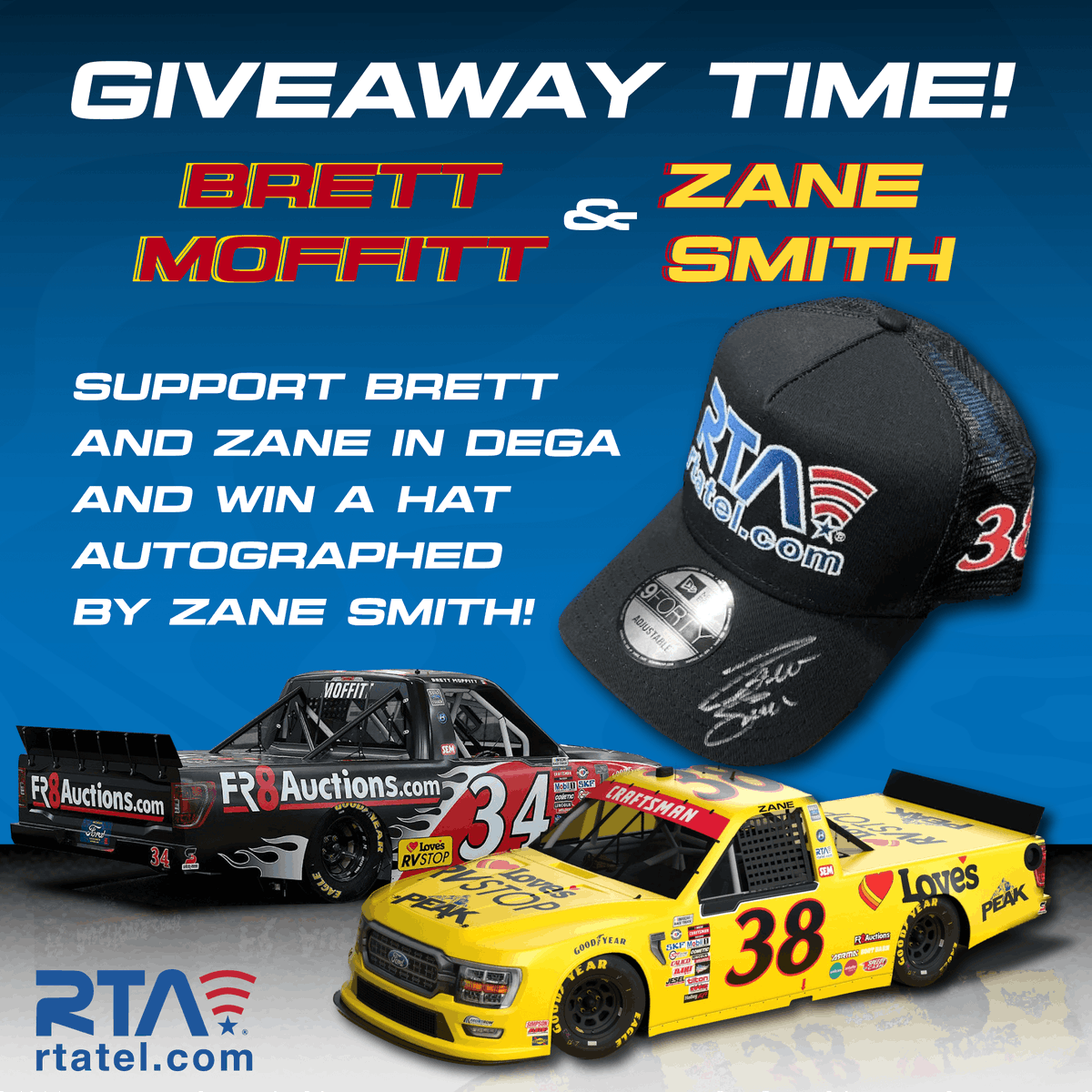 Support Zane and Brett in Talladega! 🏁 Share this post 🔄, comment 💬, and follow RTA ➕ for a chance to win an RTA hat autographed by Zane Smith. Don't miss out on the chance to win! 🎉 Watch the race on FS1 Channel 83 with gigFAST®TV Tomorrow, Sep 30 |12 p.m. CT | 1 p.m. ET!