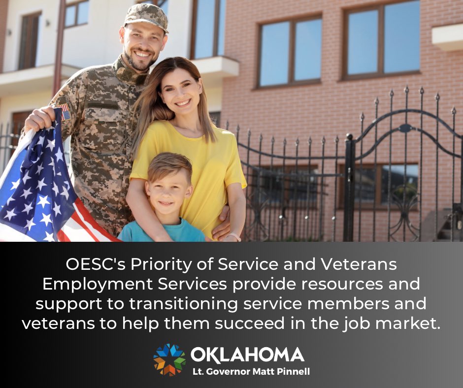 LtGovPinnell's tweet photo. Did you know that Oklahoma offers veteran employment services? Our team, who are all veterans themselves, offer resources across the state. They are experts in translating skills &amp; connecting veterans with fulfilling careers. Learn more at https://t.co/OdpQ6PgD13. #WorkforceMonth https://t.co/uulsLwZW8w