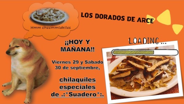 LunaYenig's tweet photo. Hoy viernes 29 y mañana sábado 30 

°•○●~Los dorados de Arce~●○•° 
los espera con chilaquiles especiales de suadero.

Oyameles 93, azcapotzalco, cerca de metro tezozomoc L6 https://t.co/wImZ6jnpII