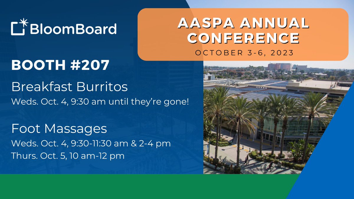 BloomBoard's tweet photo. The BloomBoard team is excited for the @_AASPA_
annual conference this week! 🌟 If you’ll be there, be sure to stop by Booth #207 to learn more about our on-the-job programs that move educators ahead in their careers. #K12Talent #K12HR #PowerUp #AASPA https://t.co/D1nSuSUaBO https://t.co/i5LW8GqdZE
