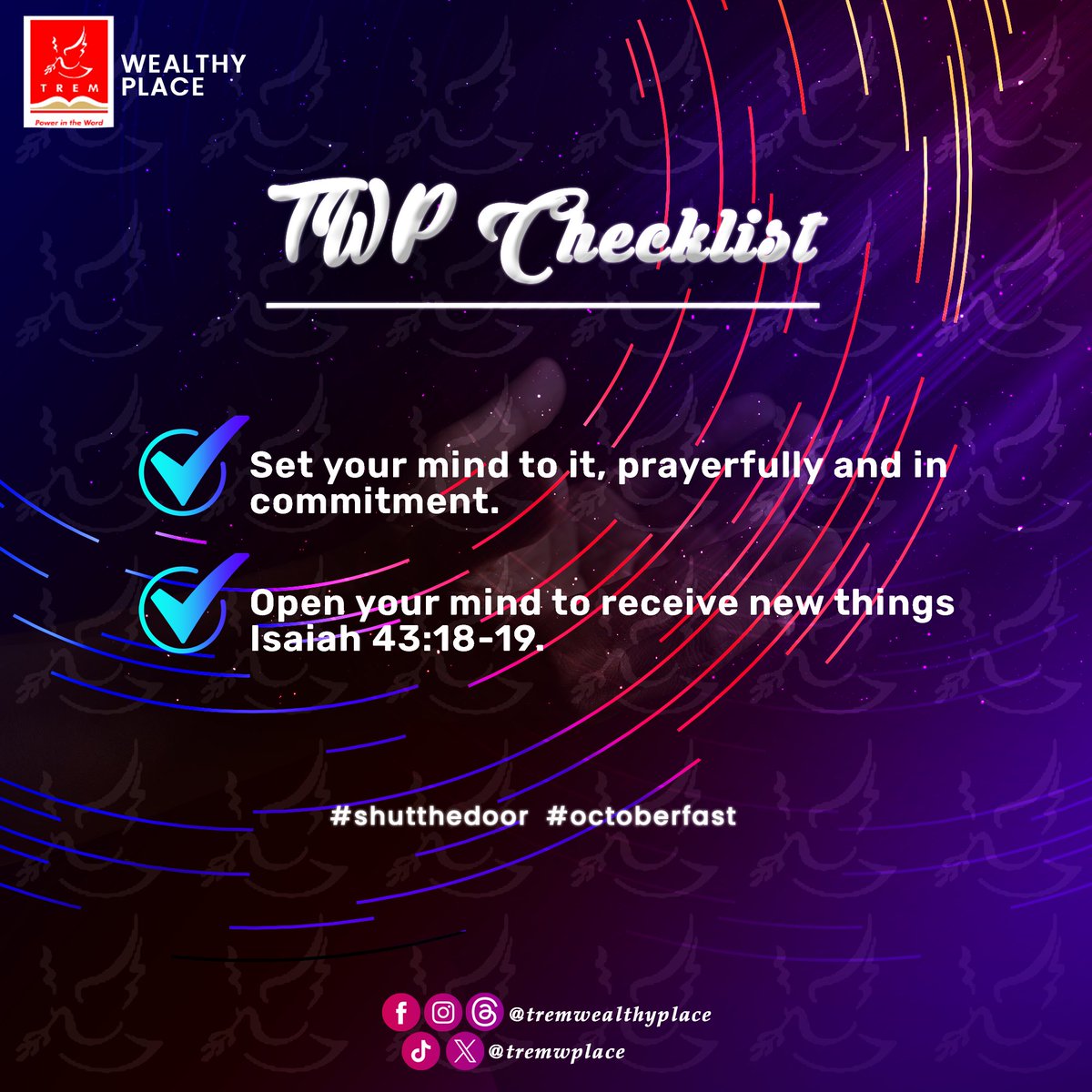 Tremwplace's tweet photo. How ready are you for our October Fast? 

Remember to prepare physically, mentally and prayerfully. 

#octoberfast #shutthedoor #trem #tremwealthyplace #tremiyanaipaja #ExceedingGreatReward https://t.co/rE0qkdZ1hx