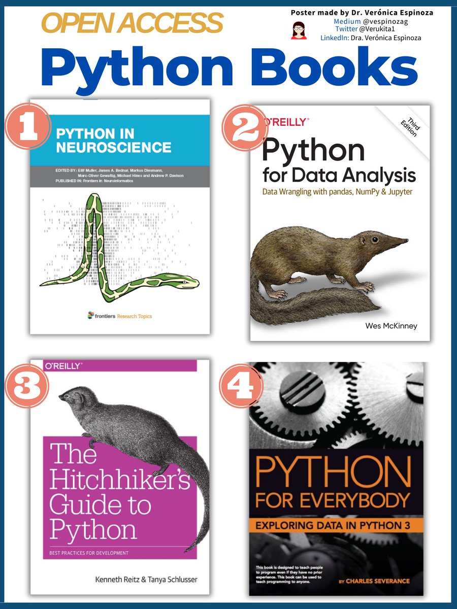 📚Python Books. Find the full free versions here:

1-frontiersin.org/research-topic…
2-wesmckinney.com/book/
3-docs.python-guide.org
4-open.umn.edu/opentextbooks/…

#MachineLearning #networkscience #datascience #statistics #neuroscience #bioinformatics #PhD #rstudio  #AI #dataviz #Python