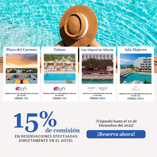 boletinmx's tweet photo. Reserva ahora con Aimbridge Latam y obtén hasta 15% de comisión en destinos como Tulum, Playa del Carmen, Isla Mujeres y San Miguel de Allende. 😎

Más información aquí:
👉🏼 https://t.co/BgKFndrykX https://t.co/yk0bTCqxSS