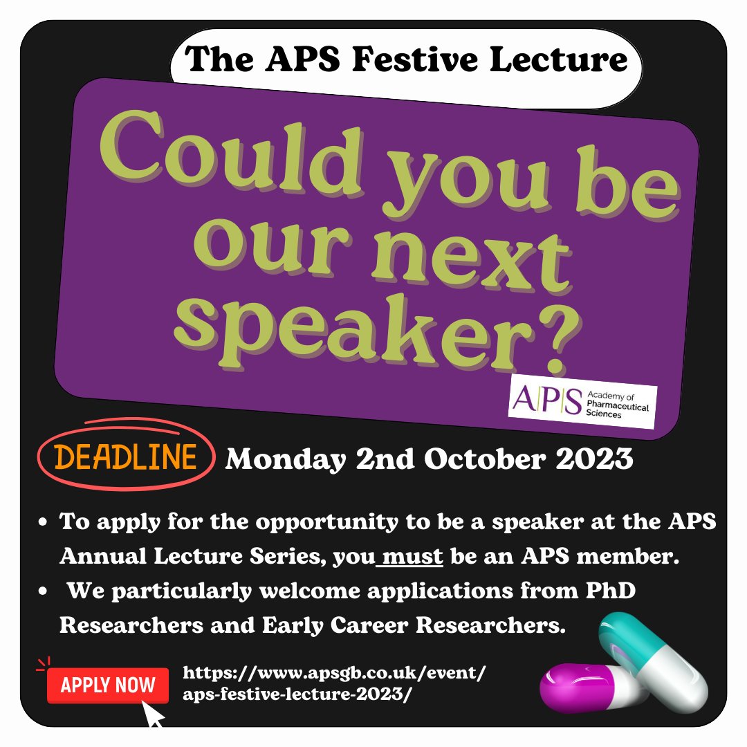 DrBahijjaRaimiA's tweet photo. Could you be our next speaker? π¨ Deadline Approaching - 2nd October π¨ Calling all @APS_PharmSci members, especially #PhDResearchers and Early Career Researchers, for an opportunity to share your insights as a speaker at the 2023 APS Festive Lecture (6th December 2023). π§΅1/2 https://t.co/GP8cNx0iM8